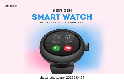 Landing Page or Hero Image with Realistic Smart Watch Illustration, Next Generation.