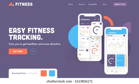 Landing Page or Hero Shot Image with Easy Fitness Tracking App in Smartphone on Purple Background.