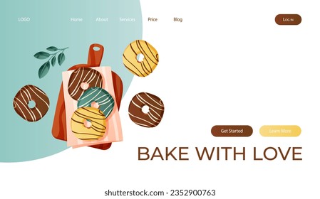 Landing page con donuts caseros horneados con ingredientes en cartón, pastelería. Pasteles de la masa. Hornear, panadería, cocinar, dulce, postre. Vector de banner, sitio web, banner.