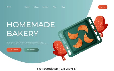 Landing page with homemade baked french croissant on baking sheet, oven-tray, glove, pastry products. Pastries from the dough. Bakery shop, cooking, sweet, dessert. Vector for banner, website, banner.