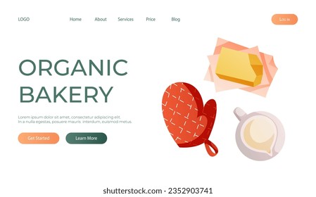 Landing page with homemade cooking piece of butter, glove, milk. Kitchen bakery stuff, process of baking. Baking, bakery shop, cooking, sweet, dessert. Vector for banner, website, banner