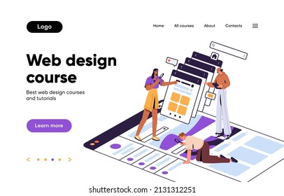 Landing page, homepage template for website, online education platform. Site interface layout. SEO, UI, UX and web design courses wireframe with menu, elements. Colored flat vector illustration