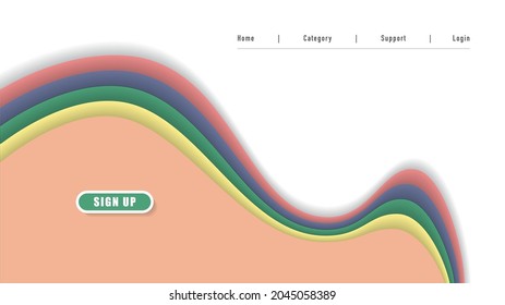 Landing page, homepage website design template drawing vector with curved sheets colourful stack element, sign up button and top menu