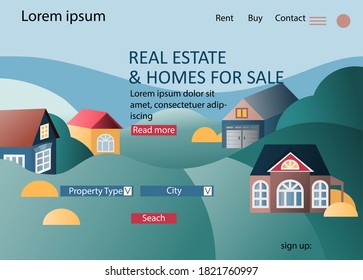 Landing page Homes for sale. Rent and buying houses, real estate. Vector illustration