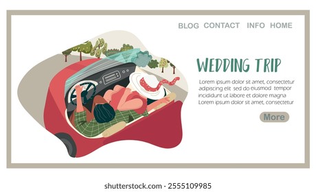 Landing page the honeymooners take a convertible, an open-top car, on their wedding trip , hand drawn vector illustration.