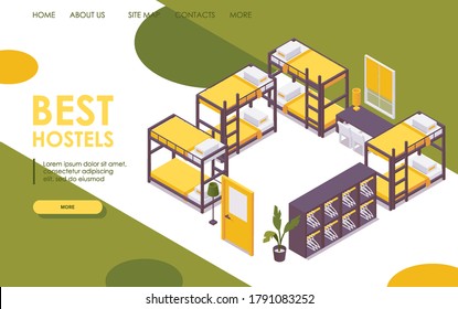 Landing page hostel isometric set with bunk beds and lockers. 3d interior example in vibrant colors good for web site with budget accomodation