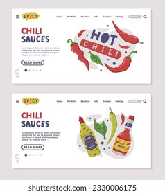 Landing Page with Hot and Spicy Chili Sauce Vector Template