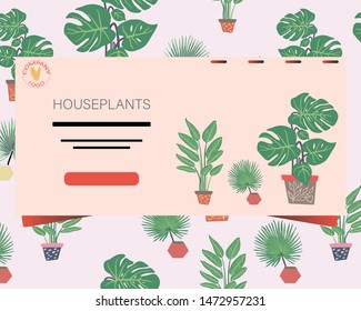 Landing page with houseplants pattern background and note houseplants. Vector Illustration
