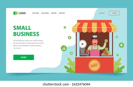 landing page how to open your small business. a stall with fruits and a seller inside. flat vector web illustration
