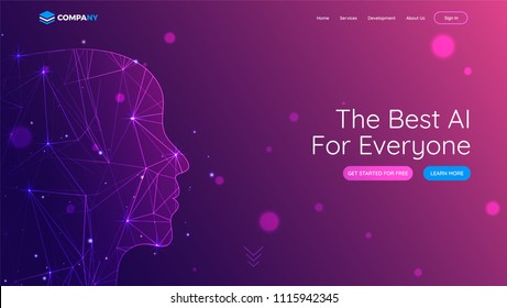 Landing page with human face made by digital mesh network for best AI concept.