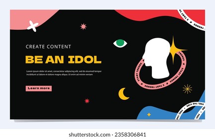 Landing page with a human profile surrounded by geometric elements, quotes. A symbol of a blogger's promotion, an influential person, an artist, an idol, a star.