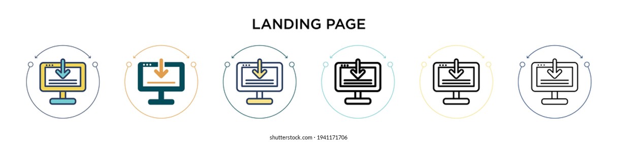 Landing page icon in filled, thin line, outline and stroke style. Vector illustration of two colored and black landing page vector icons designs can be used for mobile, ui, web