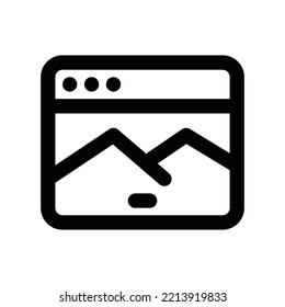 Landing page icon wit browser and photo in black outline style