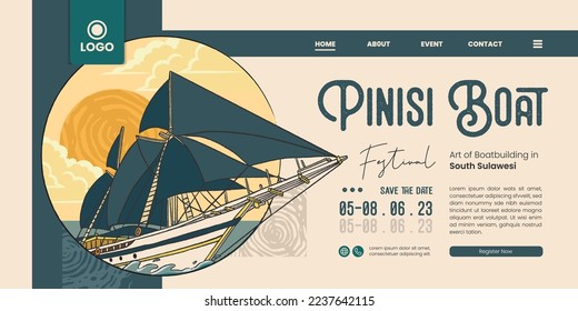 Landing Page Idee mit traditionellen Transport Pinisi Boat handgezeichnet Illustration. Benutzeroberfläche für Webdesign-Idee mit ethnischem Thema