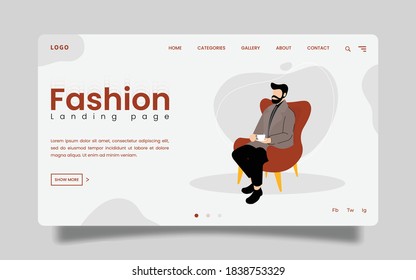 Landing Page - Illustration of a Bearded Man Sitting with a Warm Cup of Coffee with Minimalist Style.