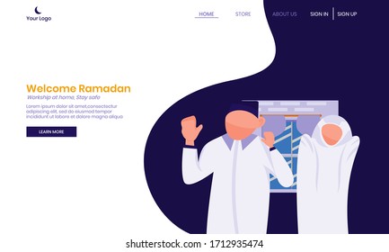 Landing page Illustration of family worshiping at home during Ramadan due to the pandemic corona covid-19 virus