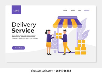 Landing page illustration. Online delivery service, shipping your package or parcel after buying from marketplace. Flat design vector for mobile and website ui.