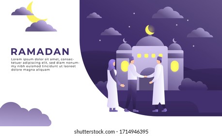 landing page illustration people shaking hands in front of the mosque. ramadhan kareem 2020. flat design. can be used for elements, posters, banners, greeting cards, templates.