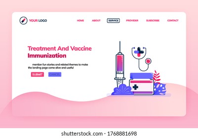 Landing page illustration template of treatment and vaccine immunization. Injection services at public hospitals. Health themes. Can be used for landing page, website, web, mobile apps, poster, flyer