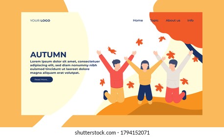 Landing Page Illustration With The Theme Of People's Activity In Autumn. Children Or People Jumping For Joy Or Pleasure. Welcome And Enjoy The Fall. Flat Design. Can Be Used For Elements, Assets, UI