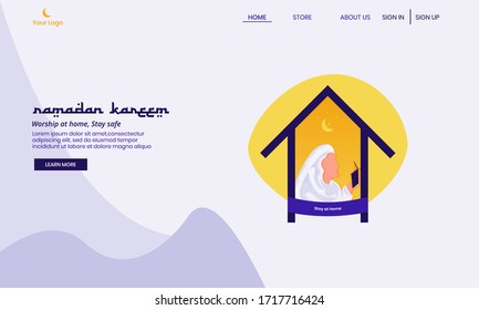 Landing page illustration vector graphic family worship at home because of the corona virus
