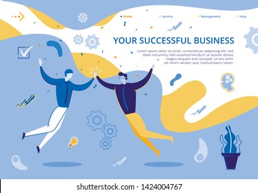 Landing Page Illustration Your Successful Business. Two Guys are Happy to Achieve Success in their Work. Teamwork Business Employees Company Joint Project. Joint Idea Corporation Development