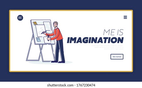 Landing page for imagination website with creative man painting and drawing. Art, inspiration and creativity concept. Template line art vector illustration
