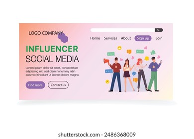 Landing page for influencer marketing, diverse people using their cellphones. Social media concept 