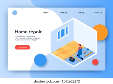 Landing Page Inscription Home Repair Vector Flat. Redevelopment Space. Finishing Room. Man Coveralls Laying Laminate Flooring Apartment. Fashionable Flooring. Isometric Illustration.