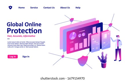 Página de inicio y sitio web de interfaz para atención de salud y servicio social. Fondo tecnológico de moda para la humanidad, análisis de datos, información y protección global en línea. Ilustración del vector