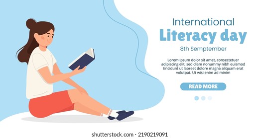 Landing page international literacy day concept. Woman reading a book while sitting. Vector illustration horizontal banner template for school, university, online education, courses