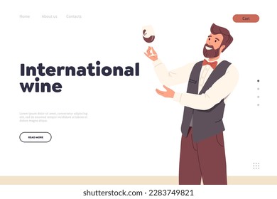 Landing page with international wine day concept and happy sommelier presenting new taste bouquet