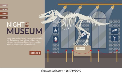 Landing Page Inviting to Cultural Event. Night at Museum. Dinosaur Skeleton Remains under Flashlight. 