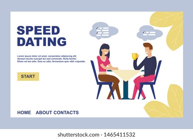 Landing Page Inviting on Effective Speed Dating. Flat Cartoon Man and Woman Characters Flirting and Drinking Wine at First Romantic Meeting. Fast Date at Cafe or Restaurant. Vector Illustration