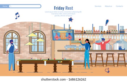 Página de inicio Invitando a gastar viernes en la cafetería. Los personajes de la gente descansan en el último día de la semana laboral. Entretenimiento de Office Colleagues. Billar, Booze y ambiente alegre. Ilustración vectorial