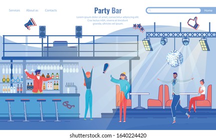 Landing Page Inviting to Visit Modern Party Bar. People Rest, Have Fun, Meet Friends. Drinking Establishment, Pub, Cafe Interior. Bar Counter, Chairs, Shelves with Alcohol. Vector Illustration
