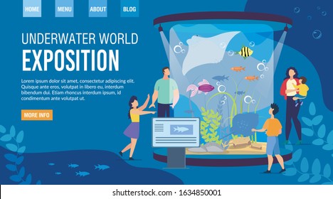 Landing Page Inviting Visit Underwater World Exposition. Invitation to Event Aquarium Family Weekends. Parents with Kids Enjoy Watching Exhibits. Recreation at Oceanarium. Vector Illustration