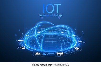 Landeseite IoT. Industrie, Internet der Dinge Geräte und Konnektivitätskonzepte in einem Netzwerk. Spider-Netz von Netzwerkverbindungen mit auf futuristisch blauem Hintergrund. Vektorgrafik