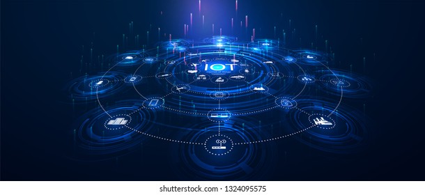 landing page IoT. Internet of things  devices and connectivity concepts on a network. Spider web of network connections with on a futuristic blue background. IOT icons