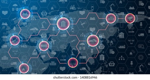 landing page IoT. Internet of things devices and connectivity concepts on a network. Spider web of network connections with on a futuristic blue background. IOT icons
