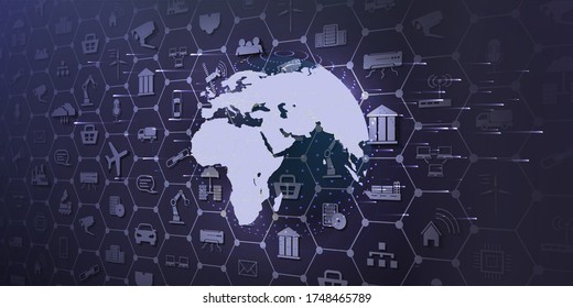 Landing page iot. Internet of things devices and connectivity concepts on a network. Spider web of network connections with on a futuristic gray background. Communication technology internet business