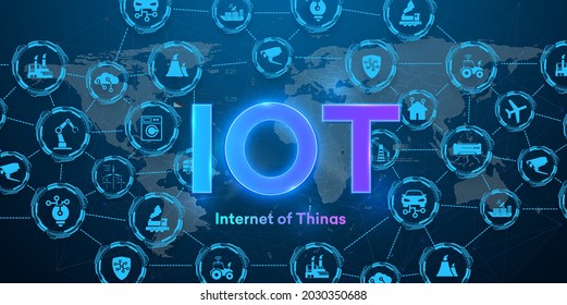 Landing Page IoT. Internet Of Things Devices And Connectivity Concepts On A Network. Wireless Technology, Connected Device And Smart House Network. IoT (Internet Of Things ) Or Industry 4.0 