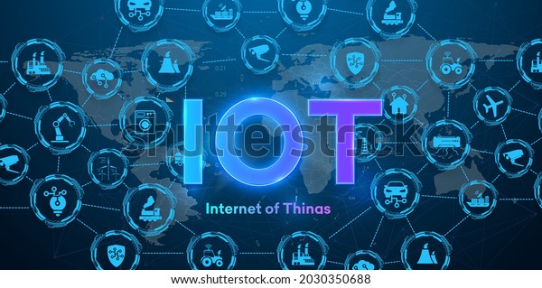 landing page IoT. Internet of things devices and\
connectivity concepts on a network. Wireless technology, connected\
device and smart house network. IoT (Internet of things ) or\
Industry 4.0 