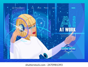 Landing page Isometric. Artificial intelligence in the form of a gorgeous girl. AI in medicine