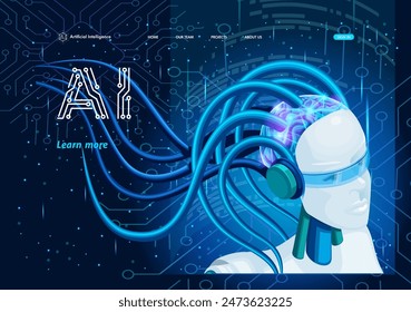 Landing page Isometric. Artificial Intelligence. Deep machine learning AI. Female robot with built-in artificial intelligence.