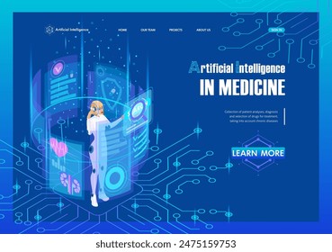 Página de destino Isométrica. La Inteligencia Artificial procesa los análisis del paciente para hacer un diagnóstico y prescribir el tratamiento