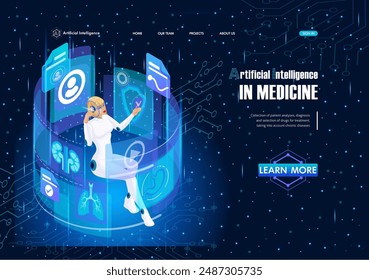 Página de destino Isométrica. La Inteligencia Artificial procesa los análisis del paciente para hacer un diagnóstico y prescribir el tratamiento. Cabecera del Sitio web de Inteligencia Artificial
