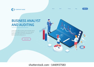 Landing page with Isometric Business and Finance Analysts, Analyzing Key Performance Indicators, Business Data Analyst and Auditing
