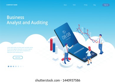 Landing page with Isometric Business and Finance Analysts, Analyzing Key Performance Indicators, Business Data Analyst and Auditing