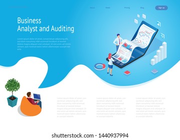 Landing page with Isometric Business and Finance Analysts, Analyzing Key Performance Indicators, Business Data Analyst and Auditing

